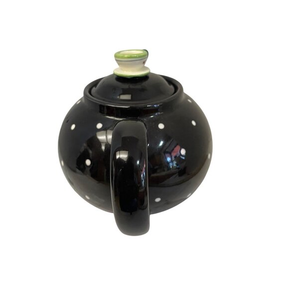 Department 56 Tea Pot Party Black White Polka Dot Teapot 5" x 9" Read - Picture 8 of 11